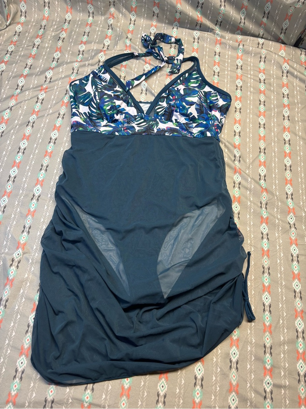 🍄Teal Floral Halter Swim Dress